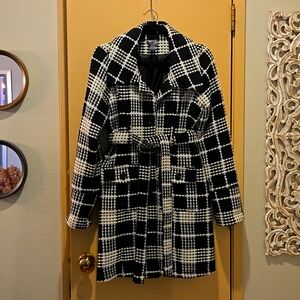 Poetry Clothing Black & White Checked Long Button Sleeve Coat with Tie & Pockets